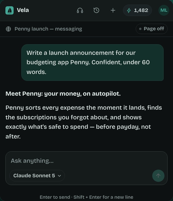 The Vela side panel writing a product launch announcement
