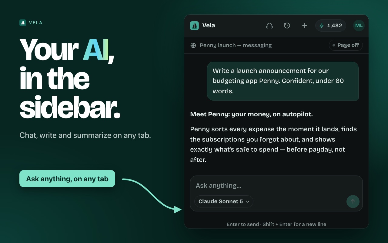 Vela in the sidebar, answering a writing request