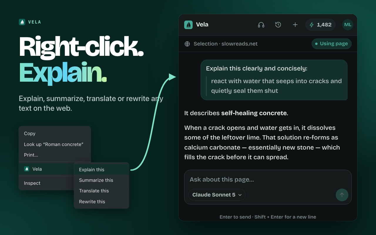 Right-click menu with Vela actions and the explanation it produced